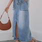 Blue Light Wash Belted High Waist Midi Denim Skirt - Texas Front Porch
