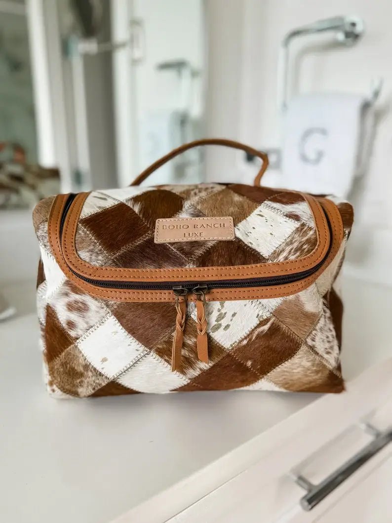 BOHO LUXE TOILETRY bag Genuine Hair On travel storage  - Texas Front Porch