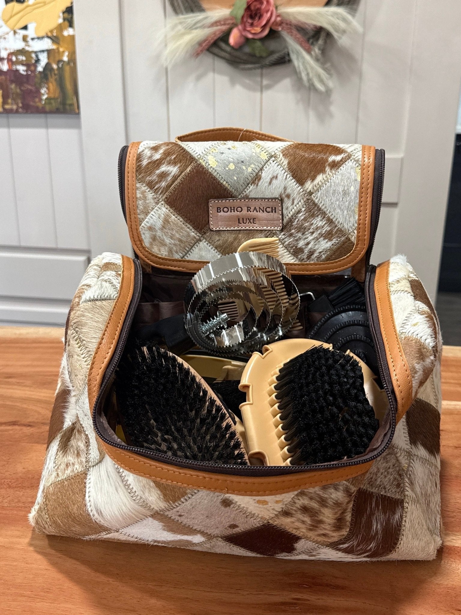 BOHO LUXE TOILETRY bag Genuine Hair On travel storage  - Texas Front Porch