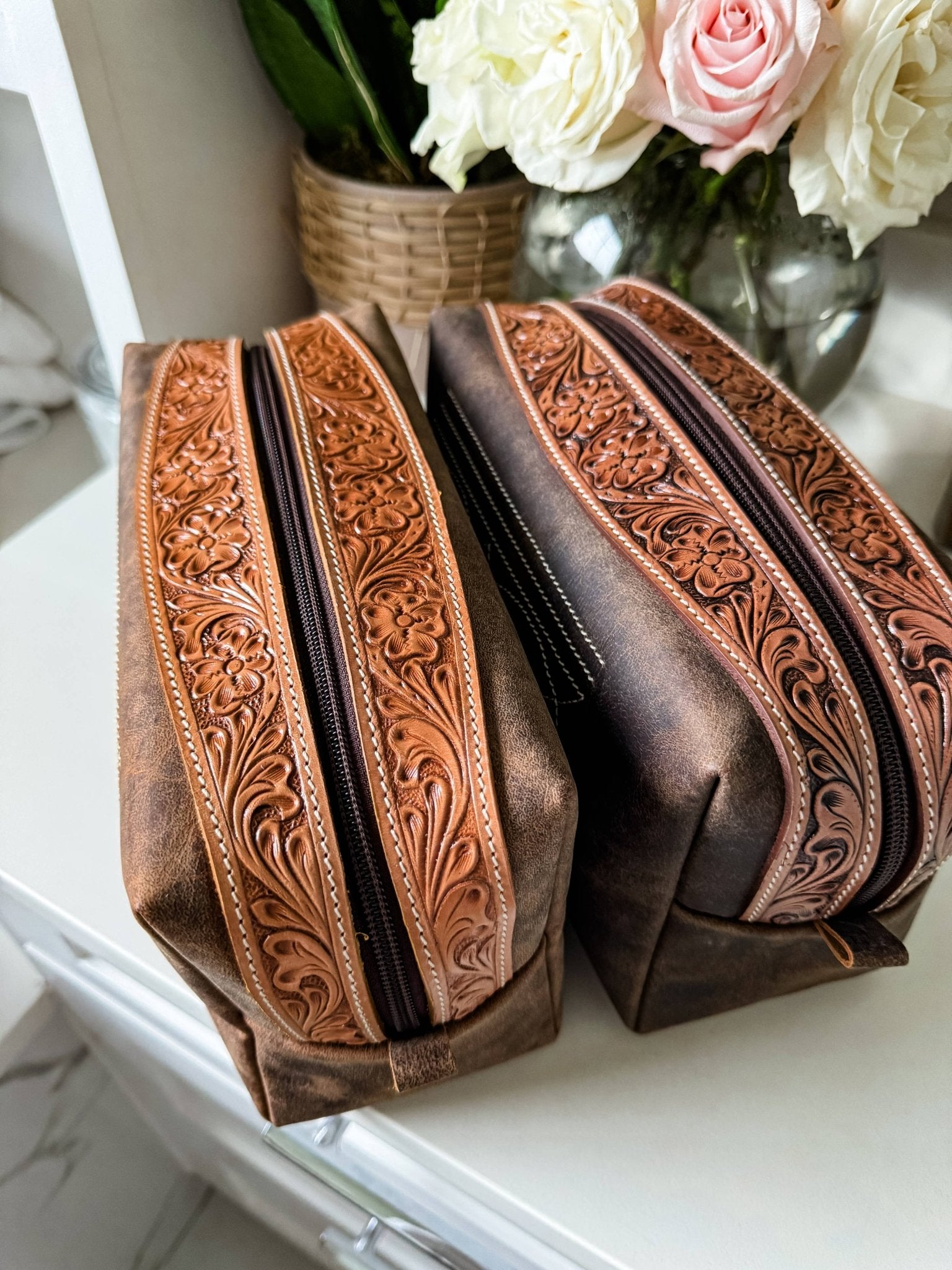 Boot Stitch Handtooled  Leather Toiletry Makeup Shaving Bag - Texas Front Porch