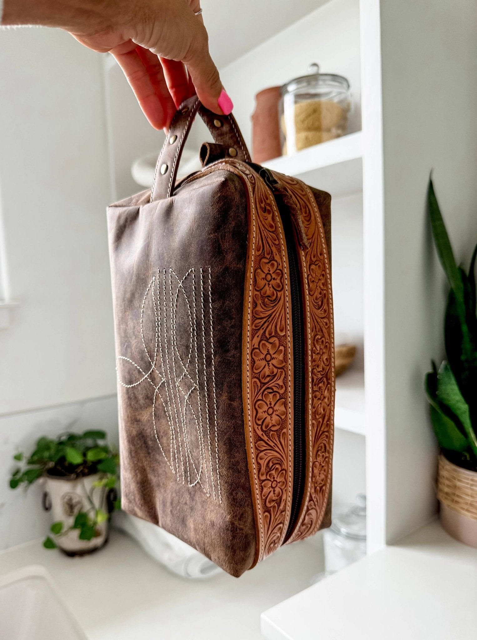 Boot Stitch Handtooled  Leather Toiletry Makeup Shaving Bag - Texas Front Porch