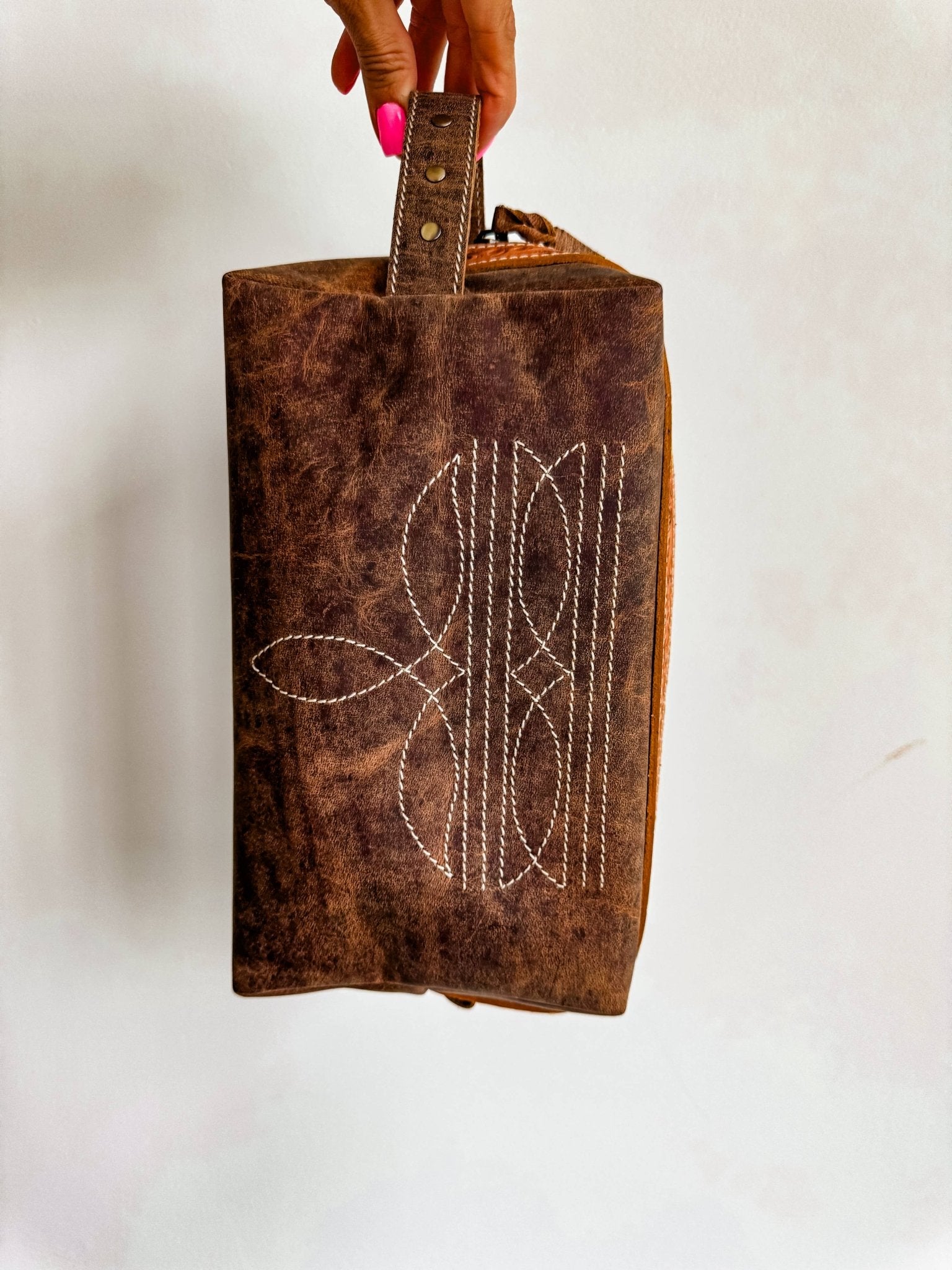 Boot Stitch Handtooled  Leather Toiletry Makeup Shaving Bag - Texas Front Porch