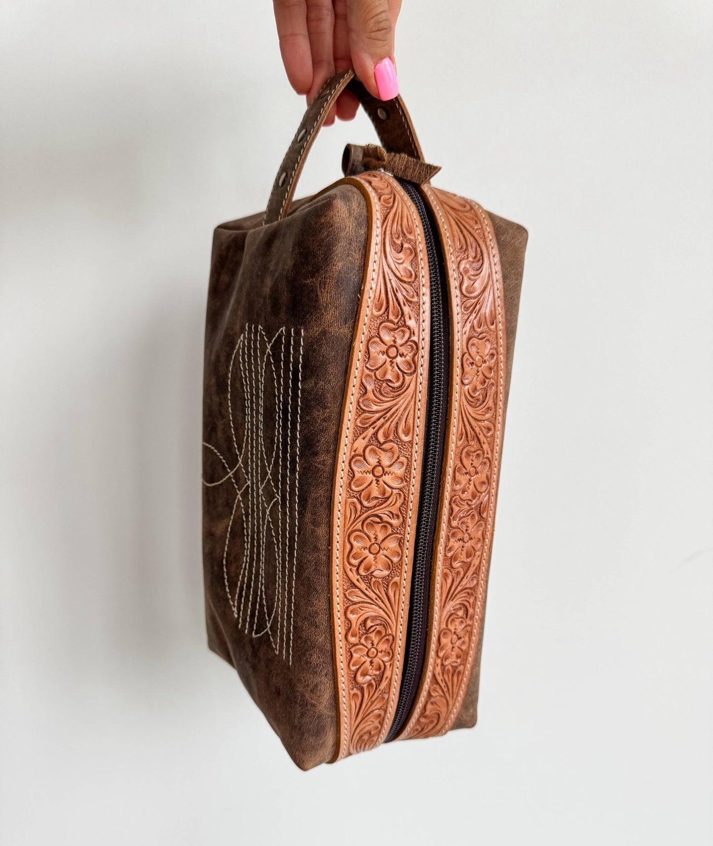 Boot Stitch Handtooled  Leather Toiletry Makeup Shaving Bag - Texas Front Porch