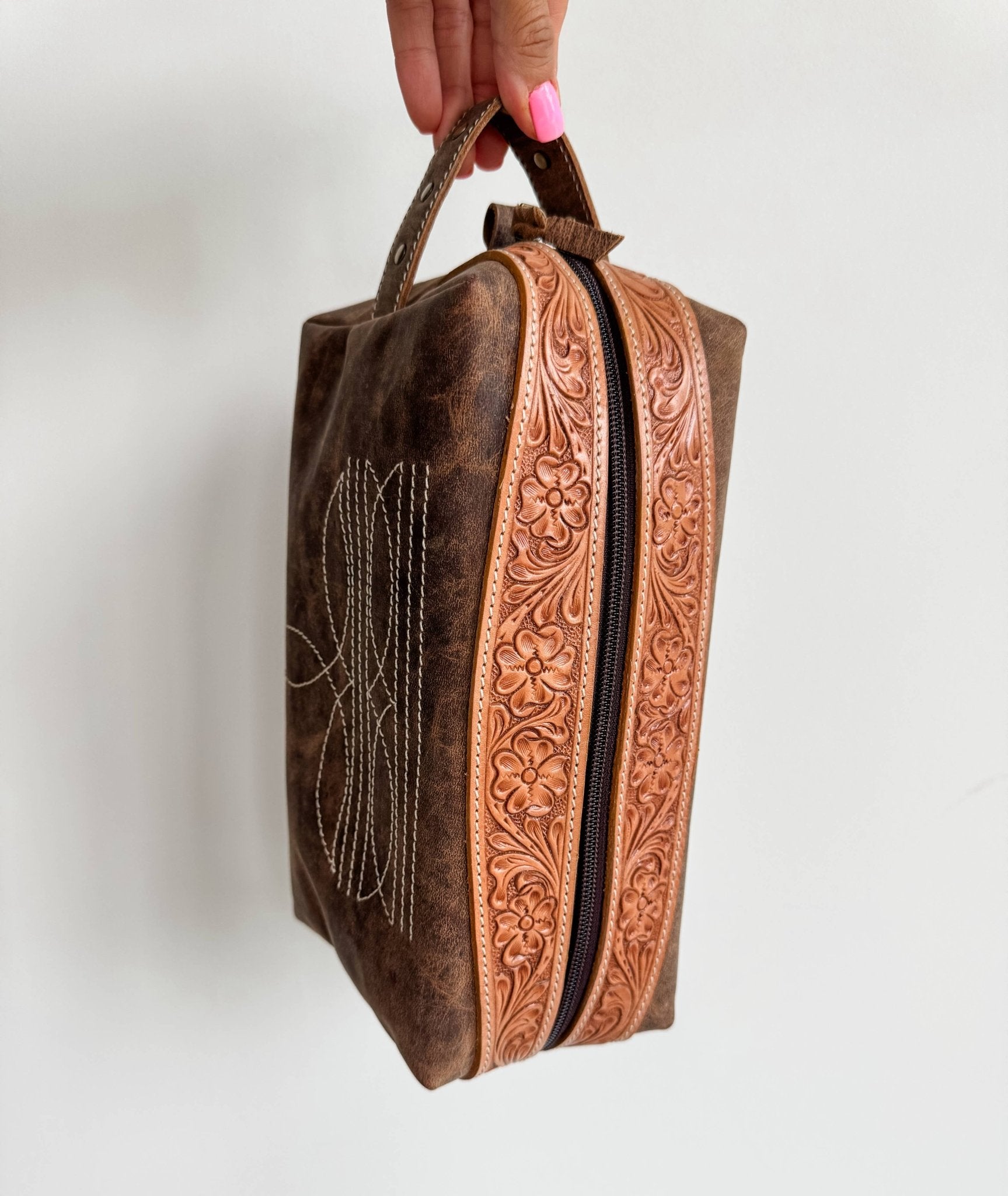 Boot Stitch Handtooled  Leather Toiletry Makeup Shaving Bag - Texas Front Porch