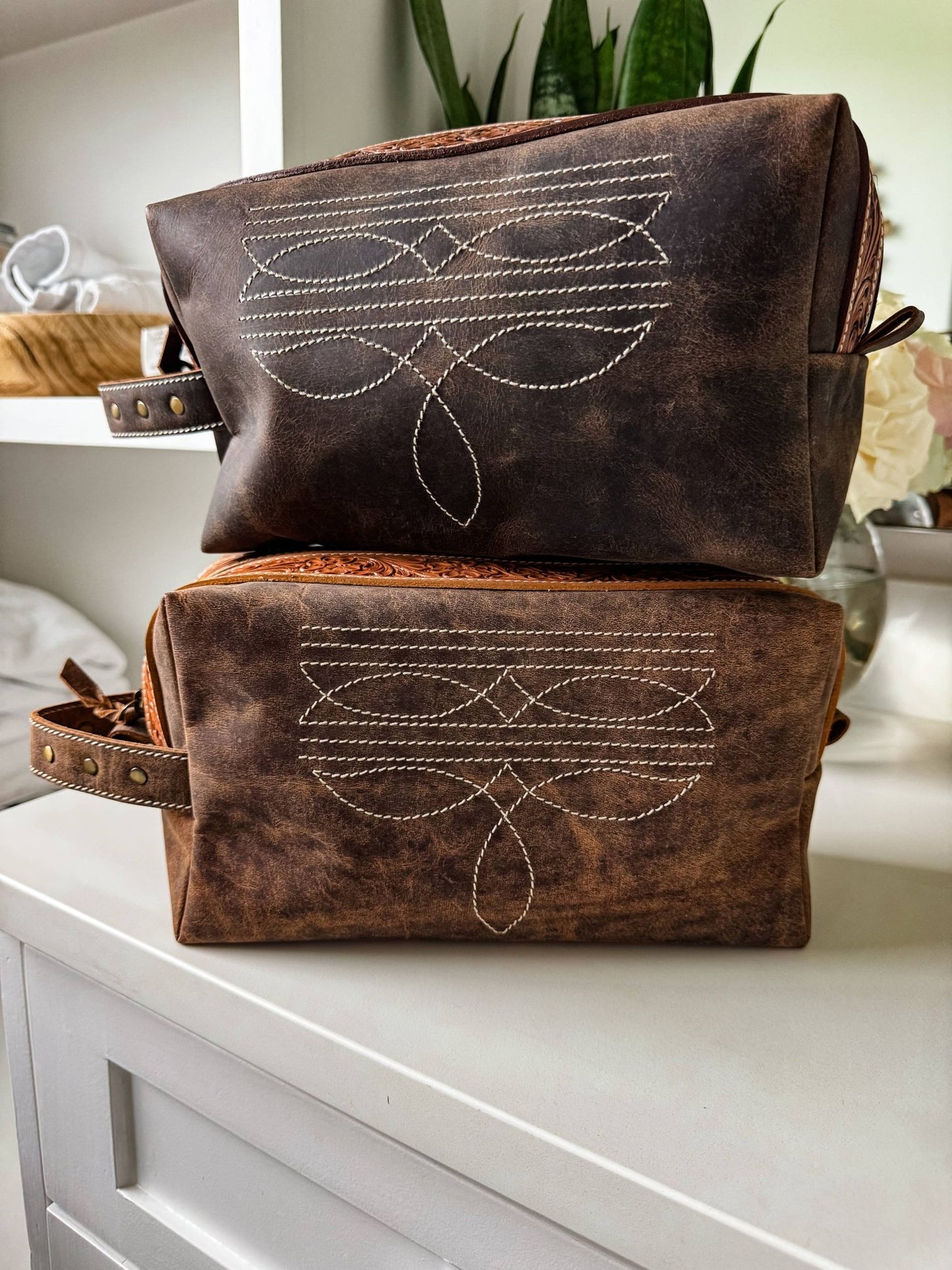 Boot Stitch Handtooled  Leather Toiletry Makeup Shaving Bag - Texas Front Porch