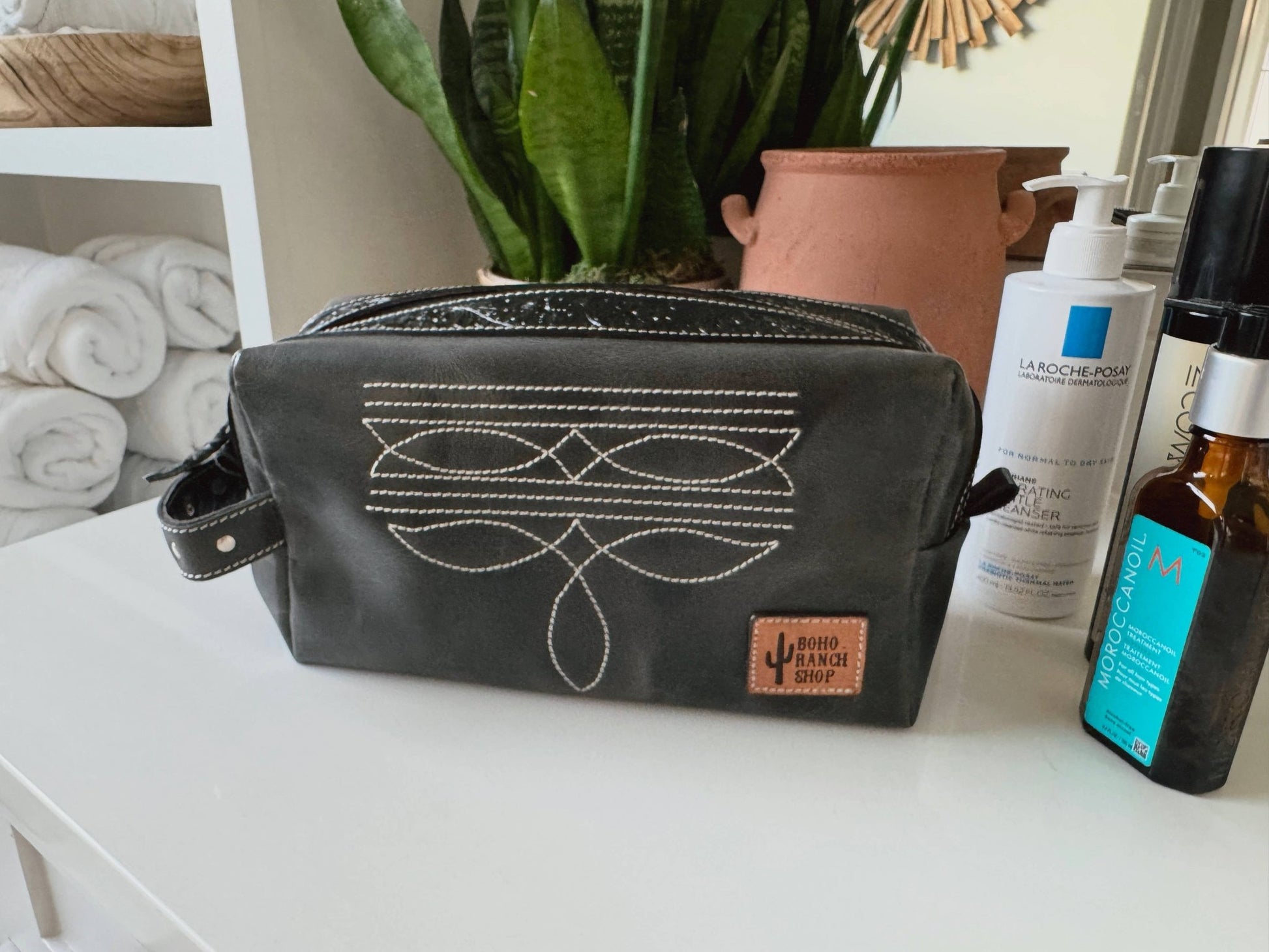 Boot Stitch Handtooled  Leather Toiletry Makeup Shaving Bag - Texas Front Porch