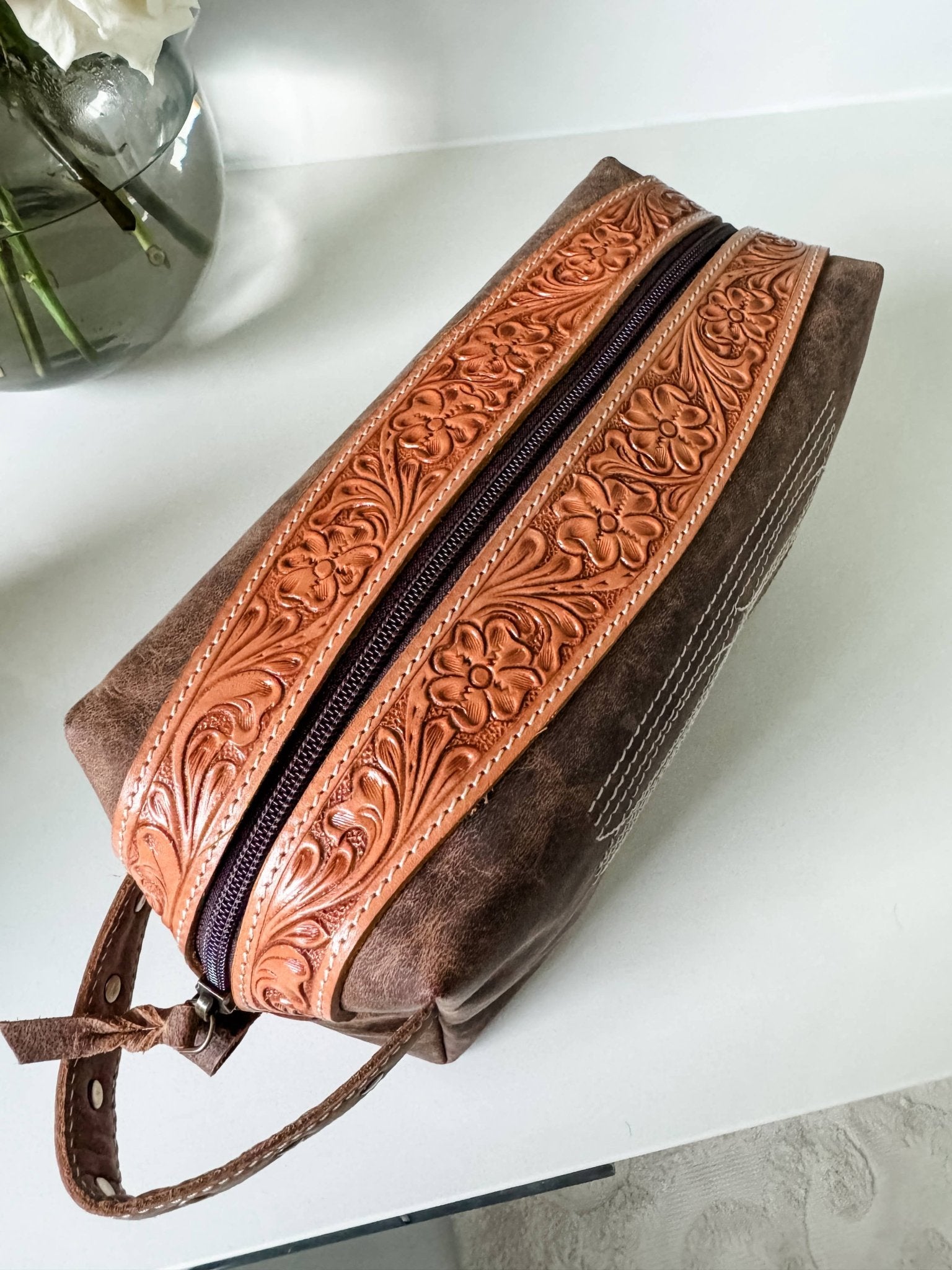 Boot Stitch Handtooled  Leather Toiletry Makeup Shaving Bag - Texas Front Porch