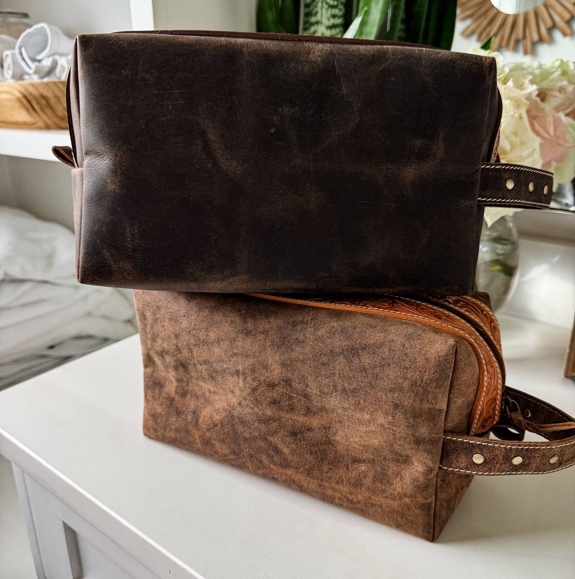 Boot Stitch Handtooled  Leather Toiletry Makeup Shaving Bag - Texas Front Porch