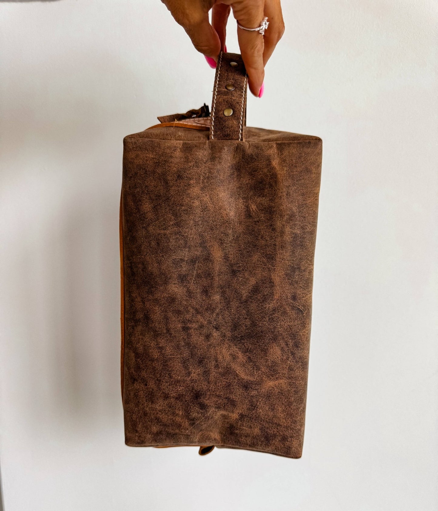 Boot Stitch Handtooled  Leather Toiletry Makeup Shaving Bag - Texas Front Porch