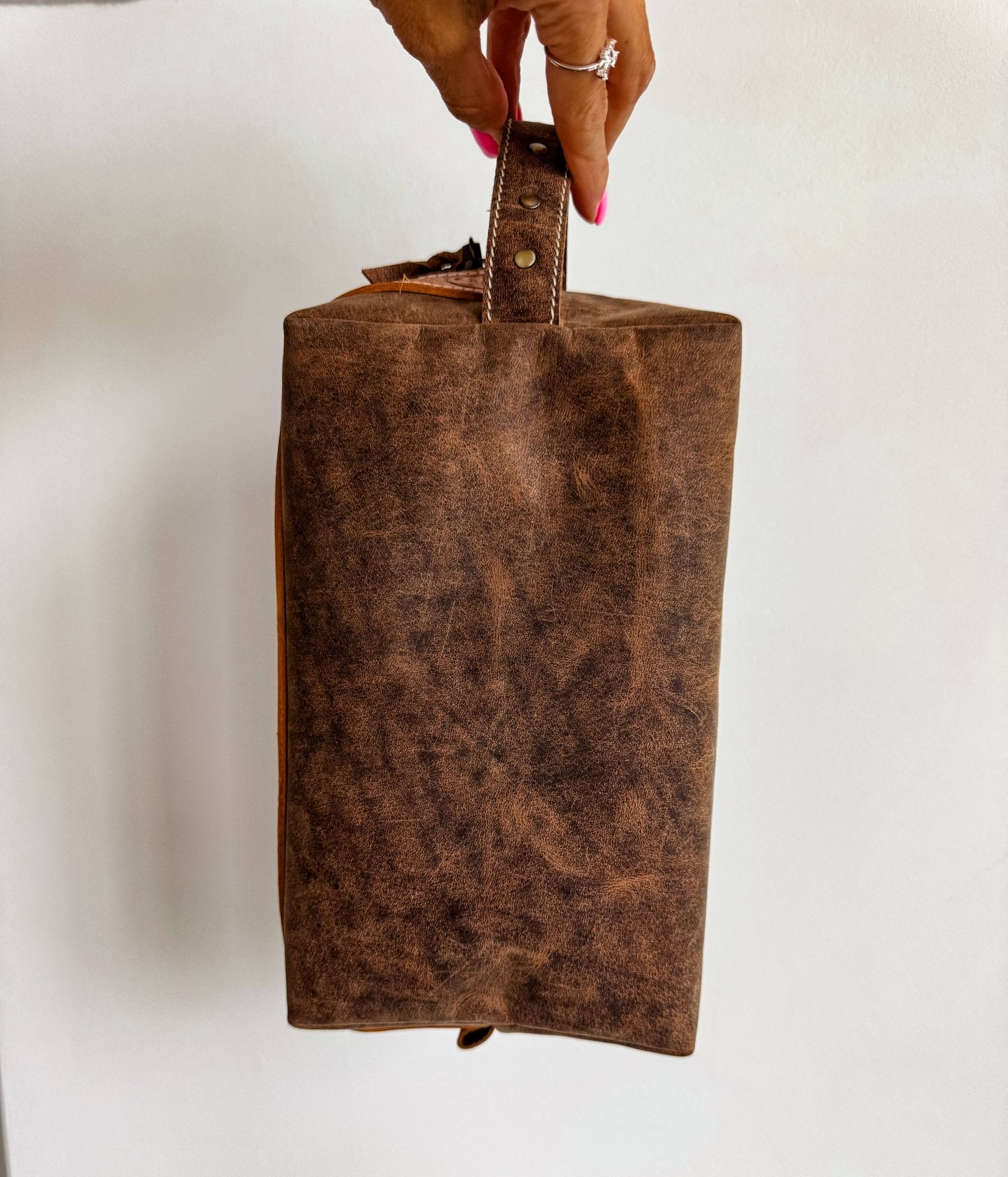 Boot Stitch Handtooled  Leather Toiletry Makeup Shaving Bag - Texas Front Porch