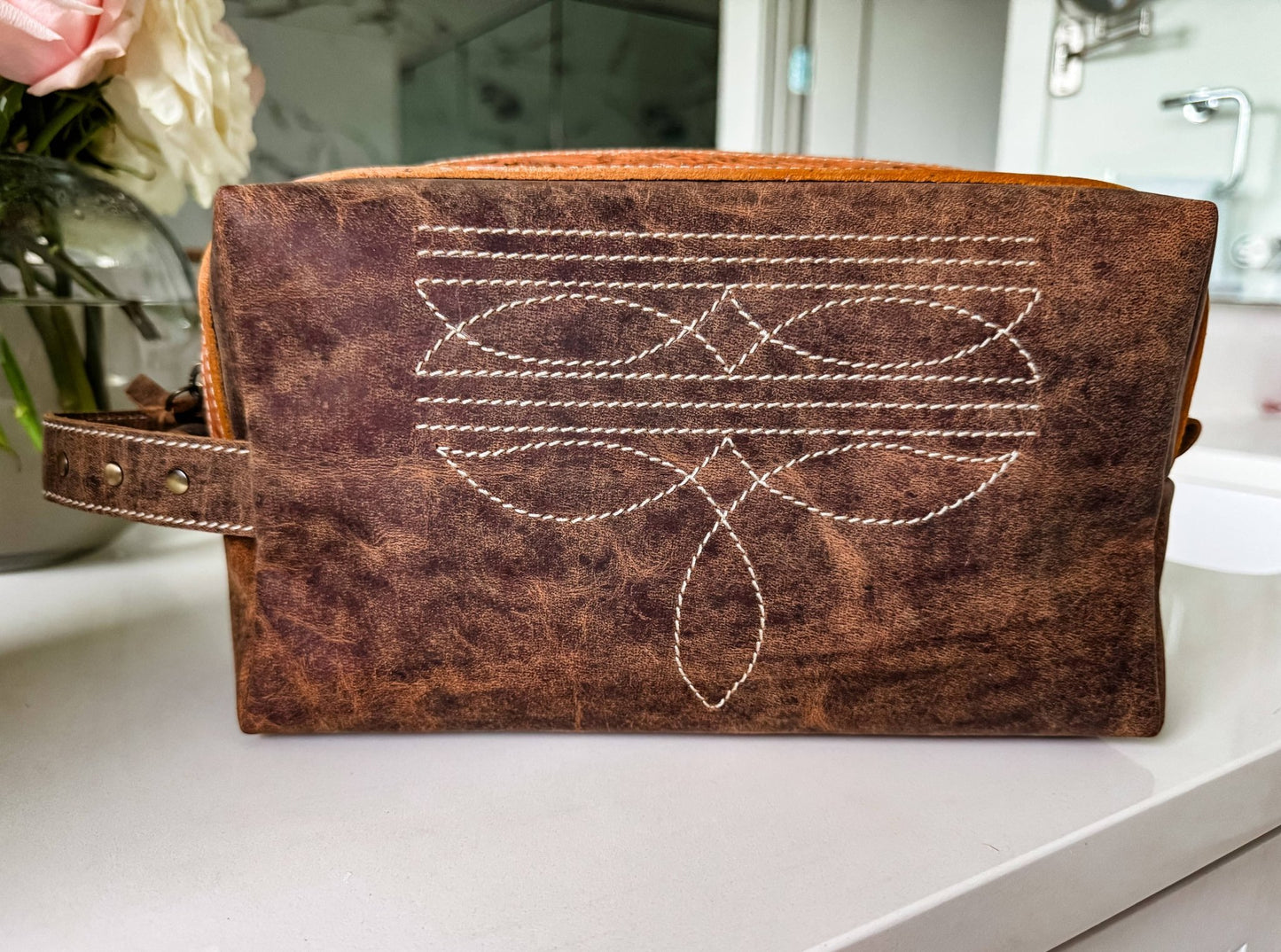 Boot Stitch Handtooled  Leather Toiletry Makeup Shaving Bag - Texas Front Porch