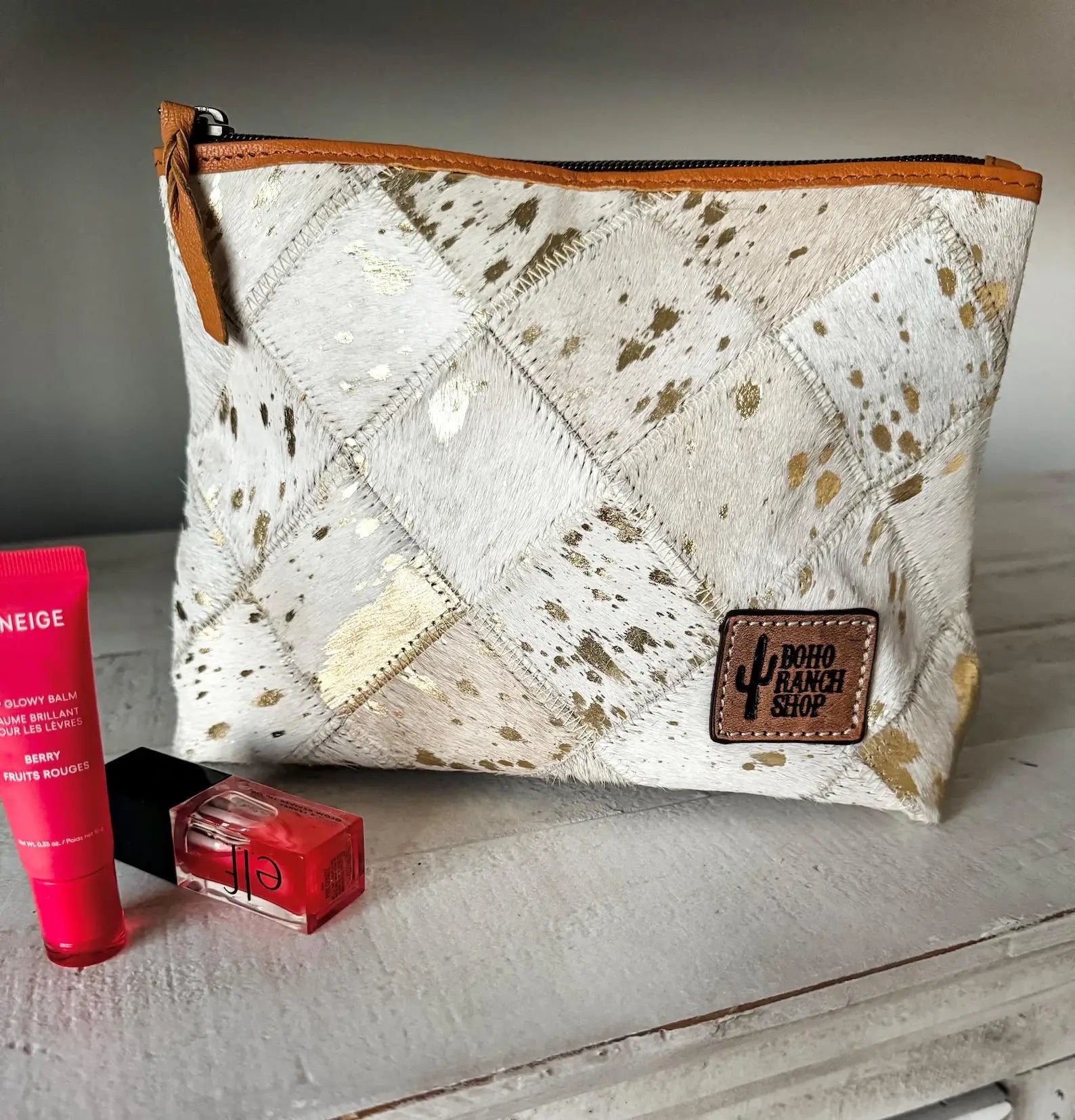 Checkered Western Cowhide Makeup Bag Travel - Texas Front Porch