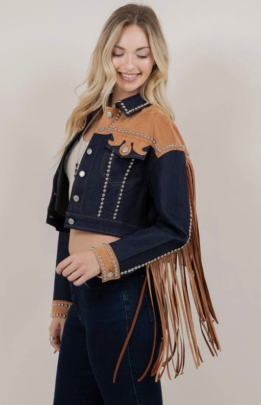 Contrast Yoke Fringe and Full Studded Denim Jacket - Texas Front Porch