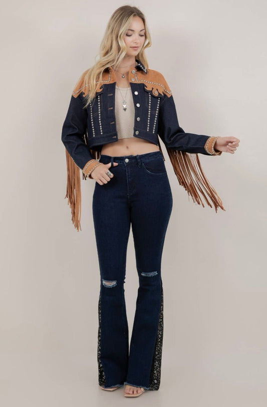 Contrast Yoke Fringe and Full Studded Denim Jacket - Texas Front Porch