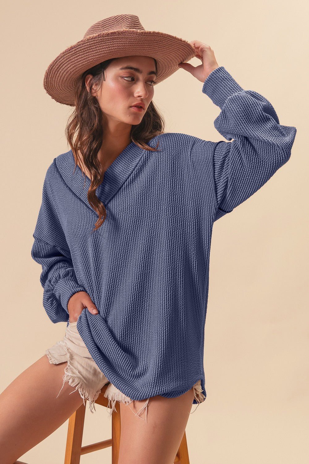 Cord Rib Contrast Stitching V - Neck Top - Texas Front Porch