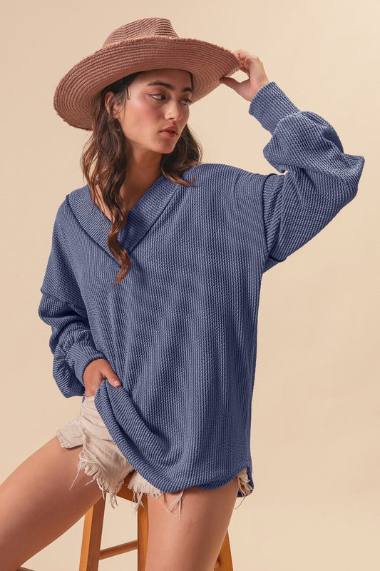 Cord Rib Contrast Stitching V - Neck Top - Texas Front Porch