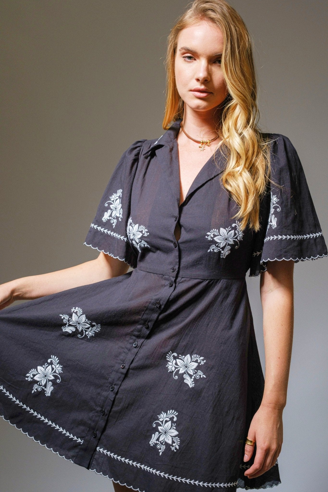 Cotton Flower Embroidered Mini Dress - Texas Front Porch