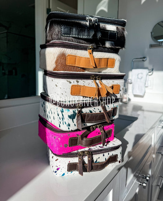 Cowhide Cosmetic Case - Toiletry Makeup Travel Bag - Texas Front Porch