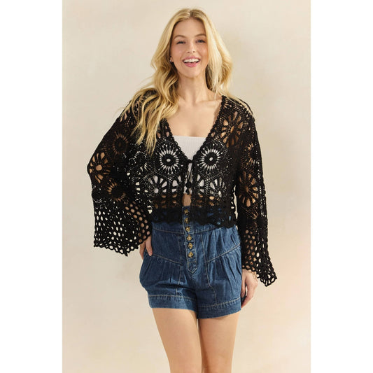 Crochet Bell Sleeve Top with Tie Front - Texas Front Porch