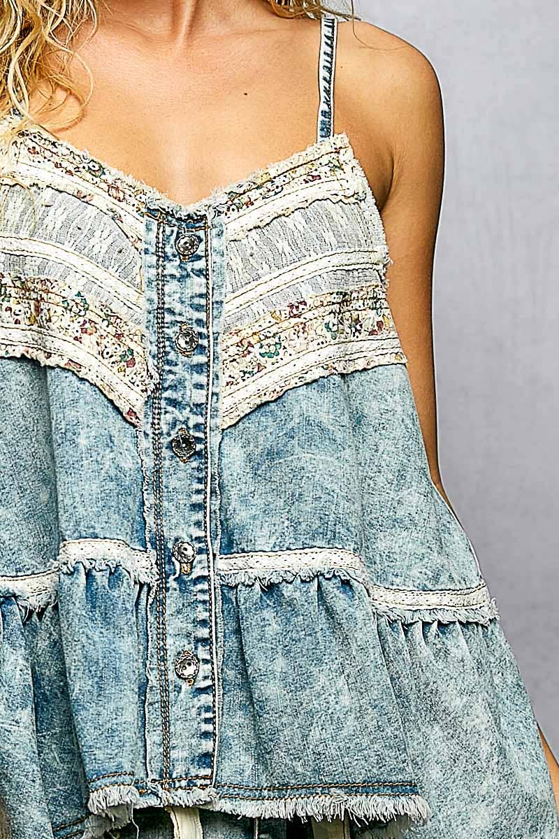 Double Gauze Denim Lace Patch Outseam Round Neck Sleeveless - Texas Front Porch