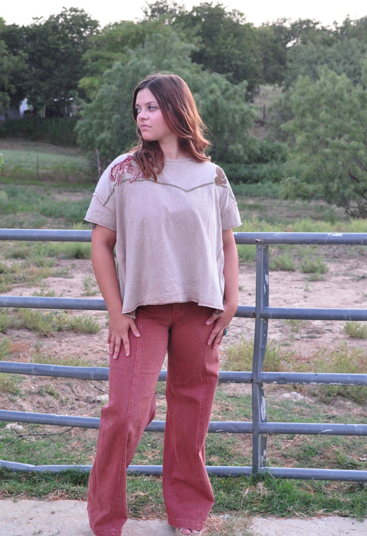 Embroidered Shoulder Western Yoke T-Shirt - Texas Front Porch
