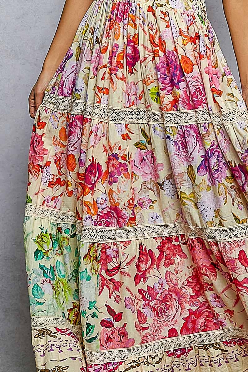 Feminine V - neck Smocked Waist Ruffle Floral Maxi Dress - Texas Front Porch