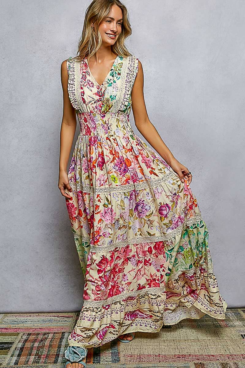 Feminine V - neck Smocked Waist Ruffle Floral Maxi Dress - Texas Front Porch