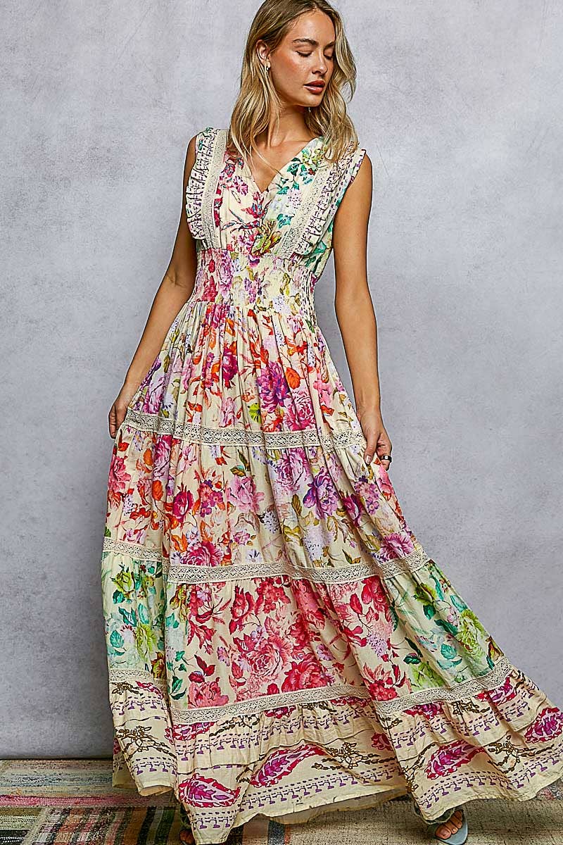 Feminine V - neck Smocked Waist Ruffle Floral Maxi Dress - Texas Front Porch