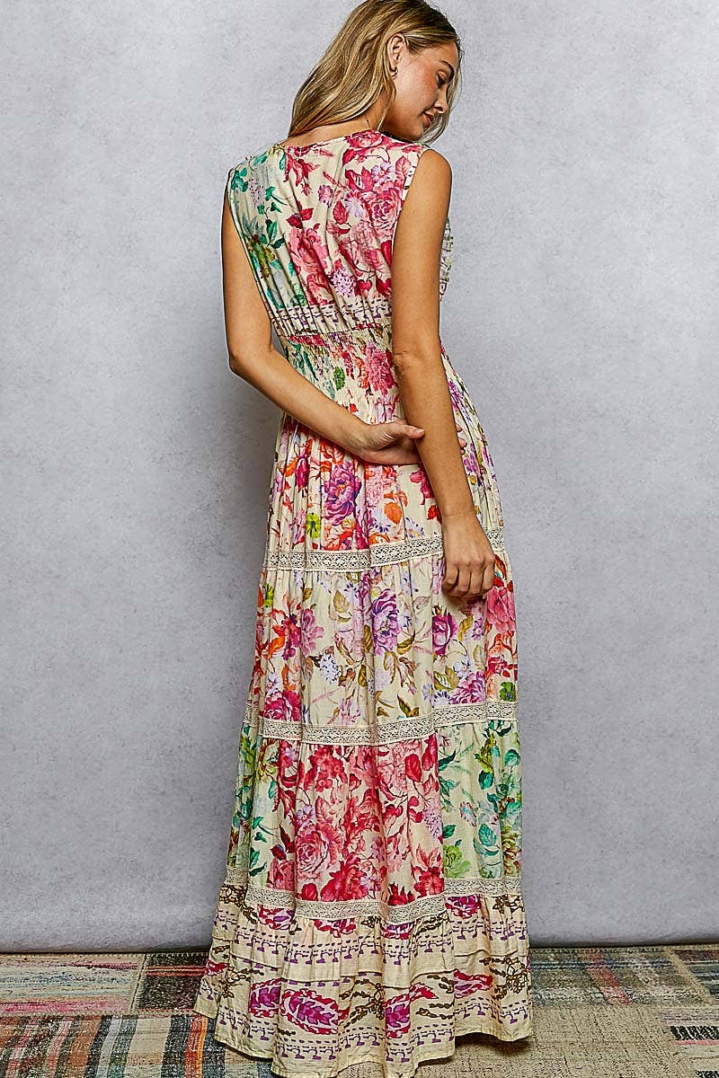 Feminine V - neck Smocked Waist Ruffle Floral Maxi Dress - Texas Front Porch