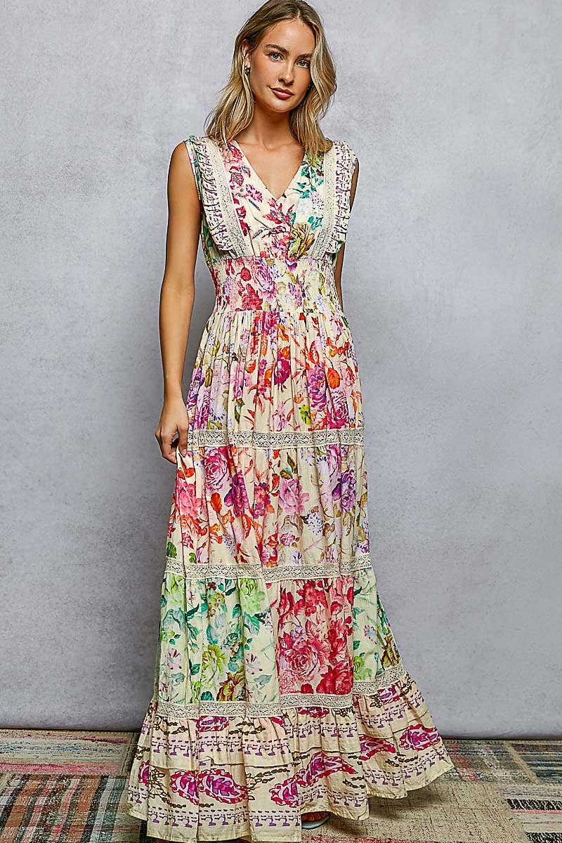 Feminine V - neck Smocked Waist Ruffle Floral Maxi Dress - Texas Front Porch