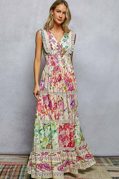 Feminine V - neck Smocked Waist Ruffle Floral Maxi Dress - Texas Front Porch
