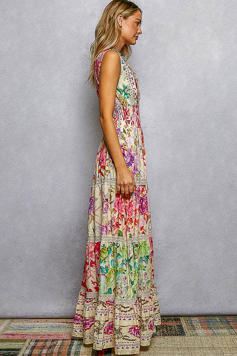 Feminine V - neck Smocked Waist Ruffle Floral Maxi Dress - Texas Front Porch