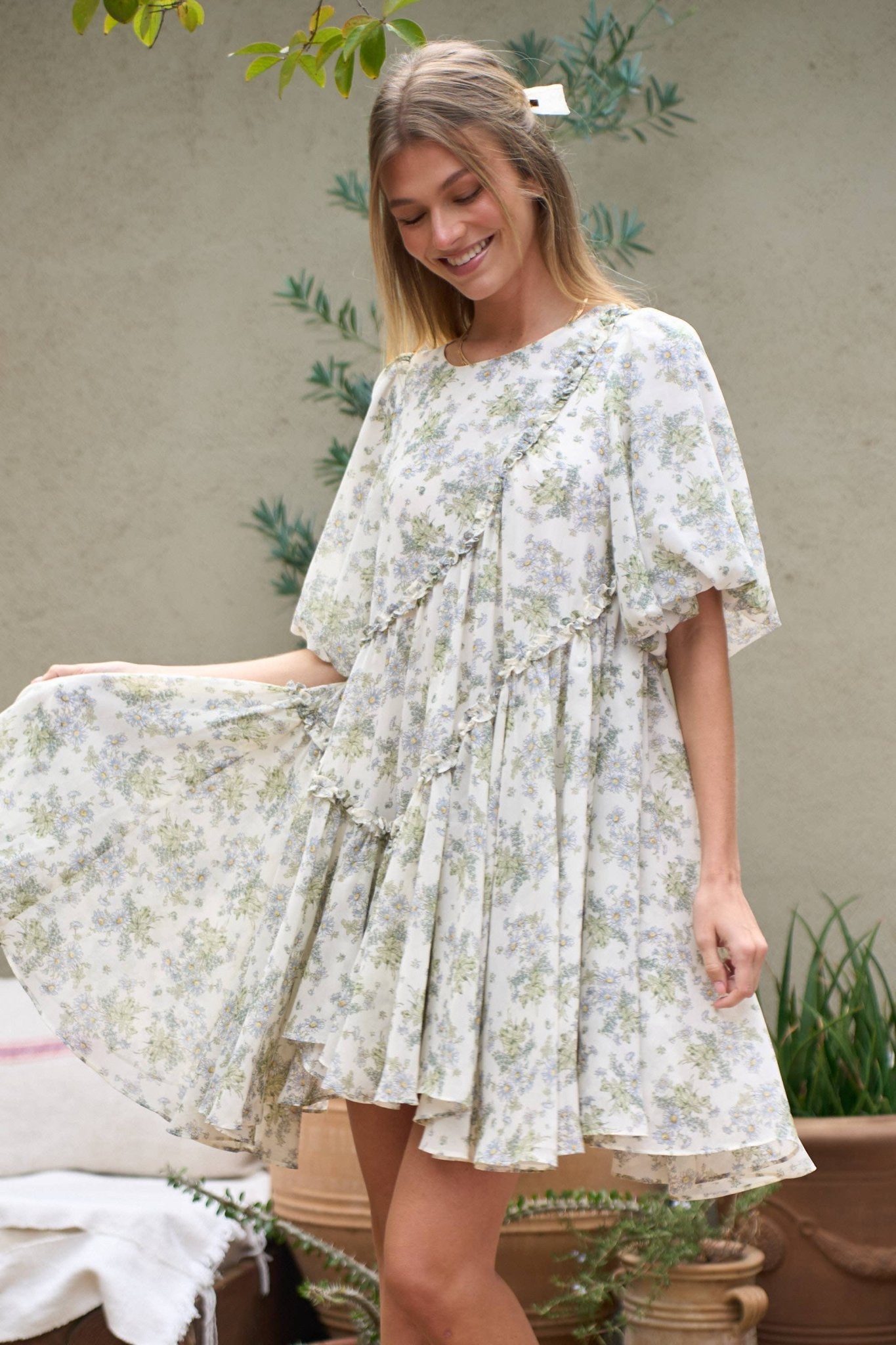 FLORAL RUFFLE SHORT SLEEVE MINI SHIRT DRESS - Texas Front Porch