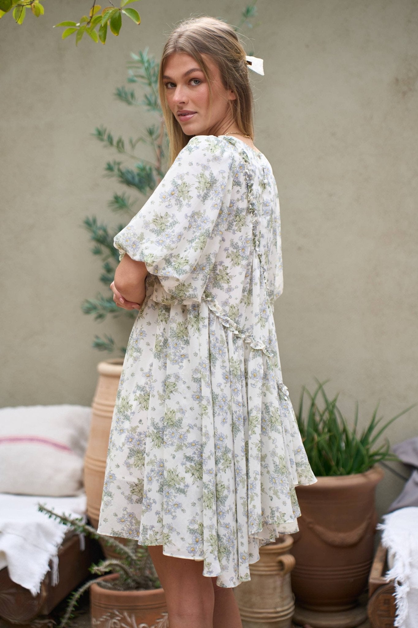 FLORAL RUFFLE SHORT SLEEVE MINI SHIRT DRESS - Texas Front Porch