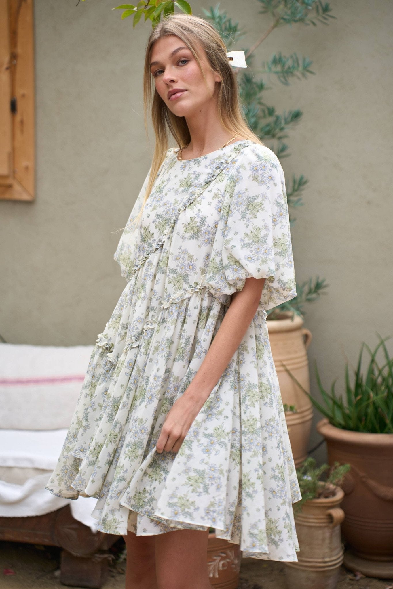 FLORAL RUFFLE SHORT SLEEVE MINI SHIRT DRESS - Texas Front Porch