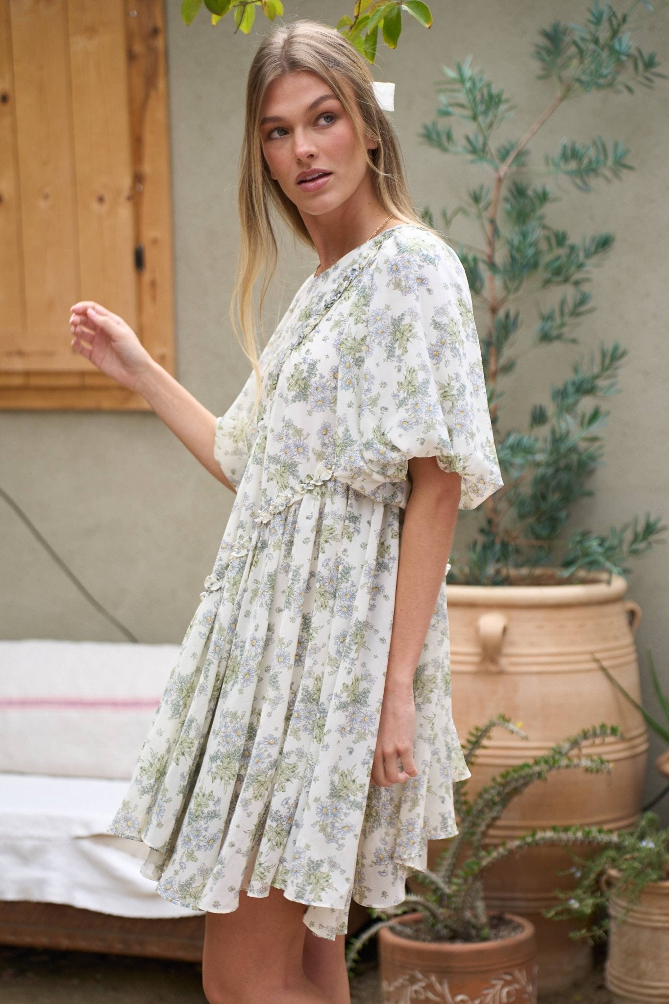 FLORAL RUFFLE SHORT SLEEVE MINI SHIRT DRESS - Texas Front Porch