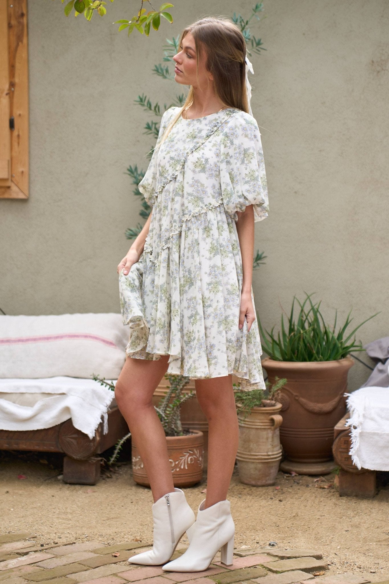 FLORAL RUFFLE SHORT SLEEVE MINI SHIRT DRESS - Texas Front Porch