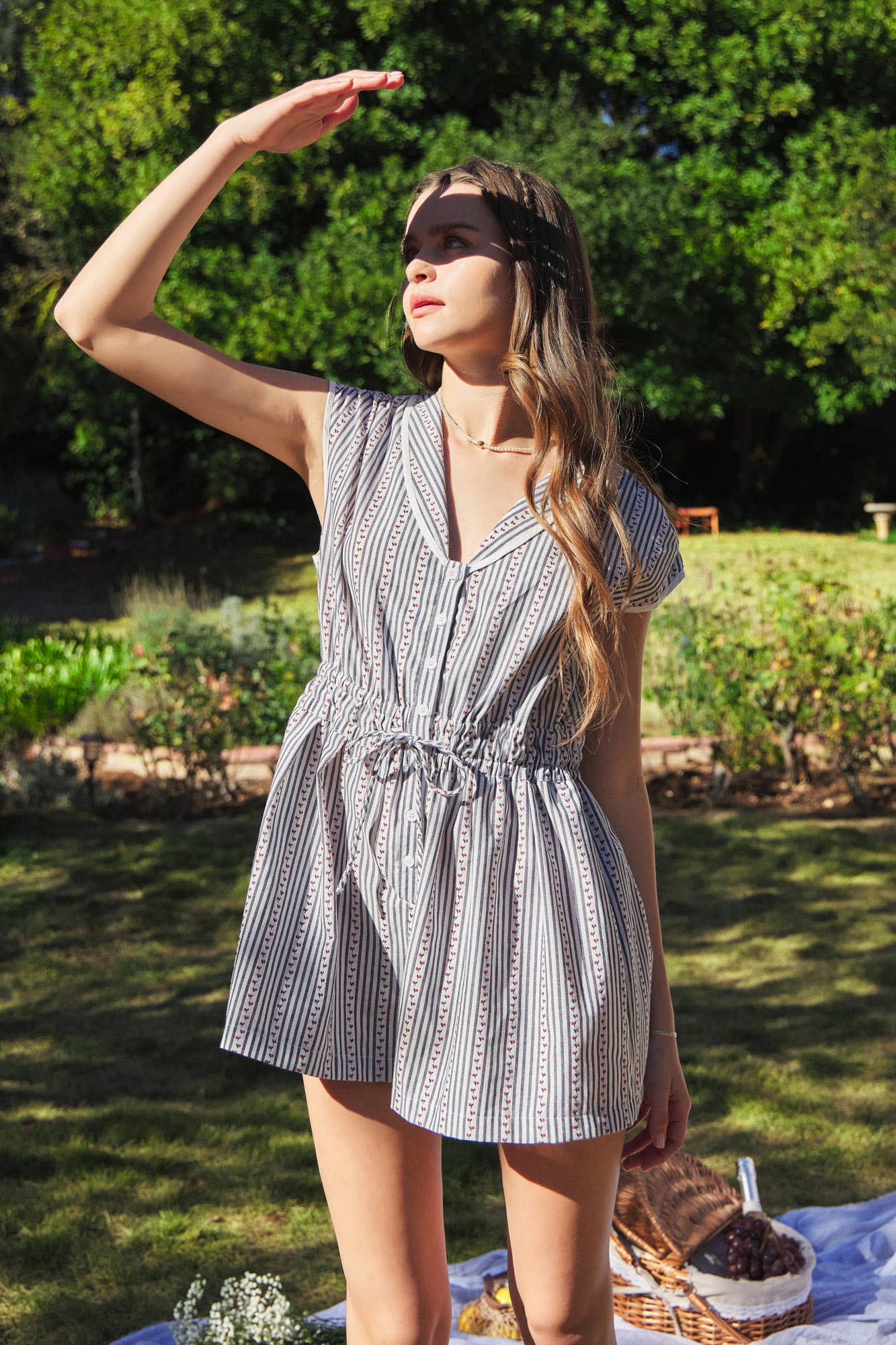 FLORAL STRIPE - BANDED WAIST ROMPER - Texas Front Porch