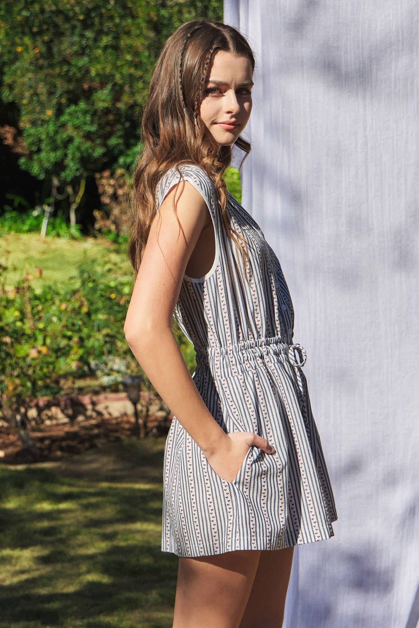 FLORAL STRIPE - BANDED WAIST ROMPER - Texas Front Porch