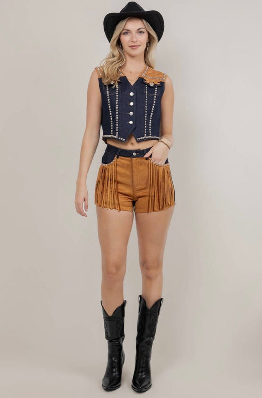 Fringe and Stud Detail Denim Shorts - Texas Front Porch