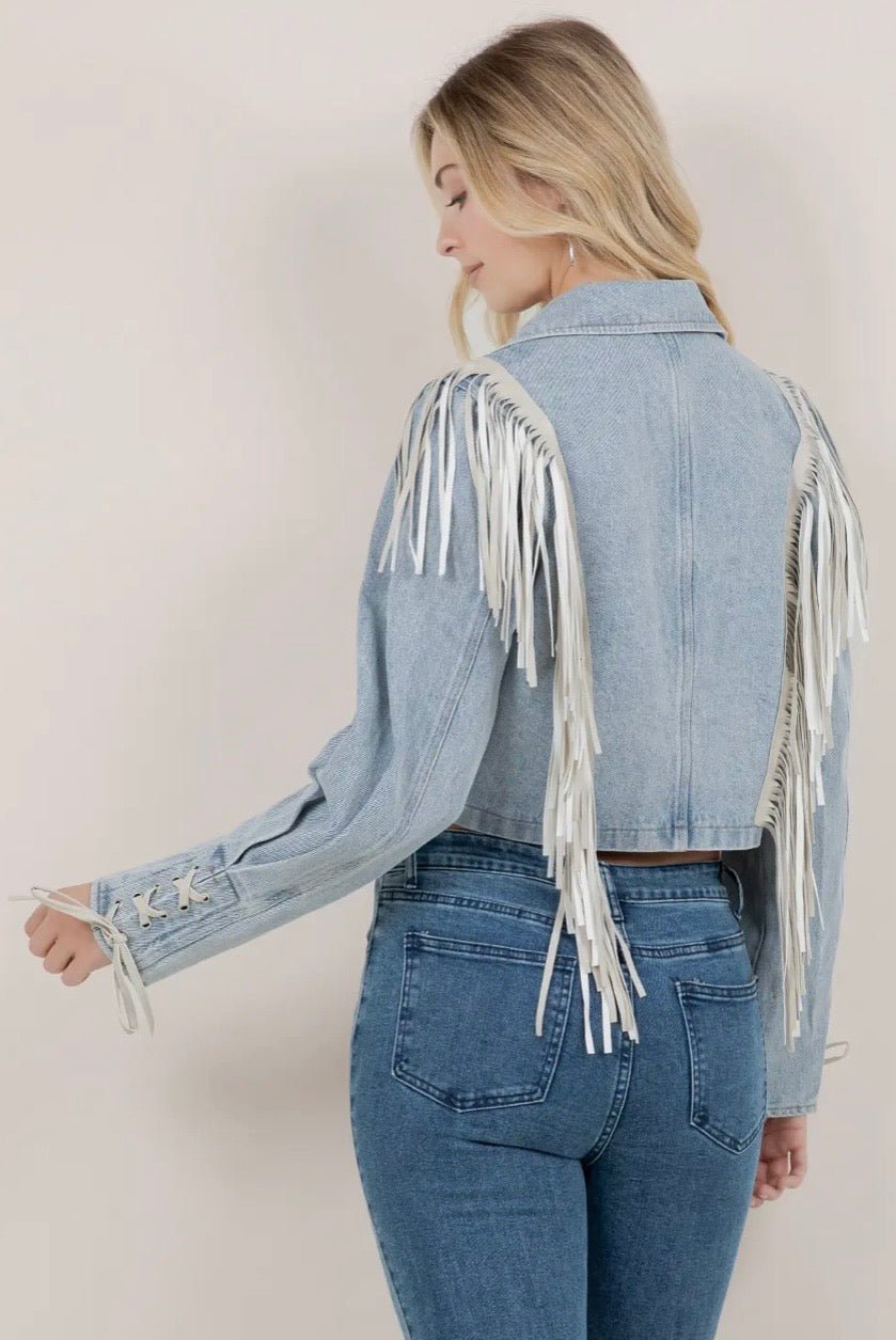 Fringed Cropped Denim Jacket - Texas Front Porch