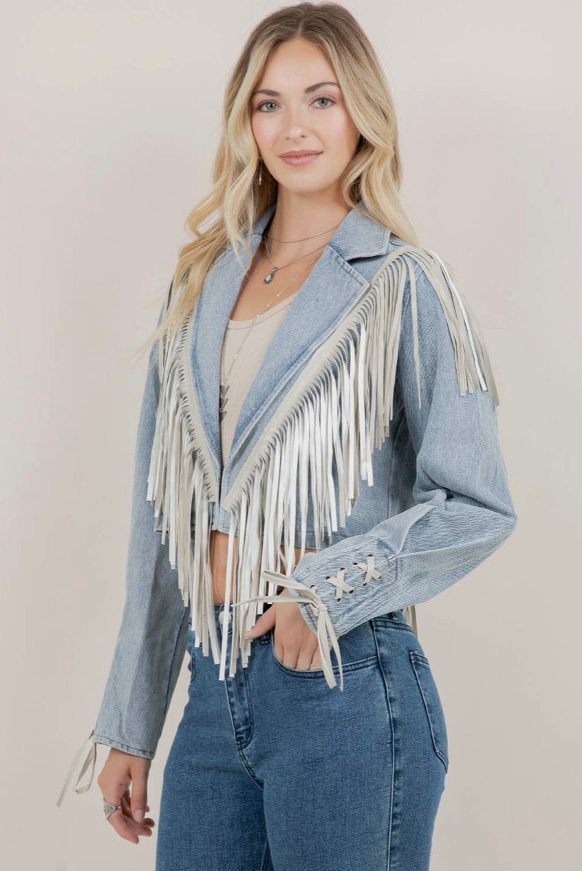 Fringed Cropped Denim Jacket - Texas Front Porch