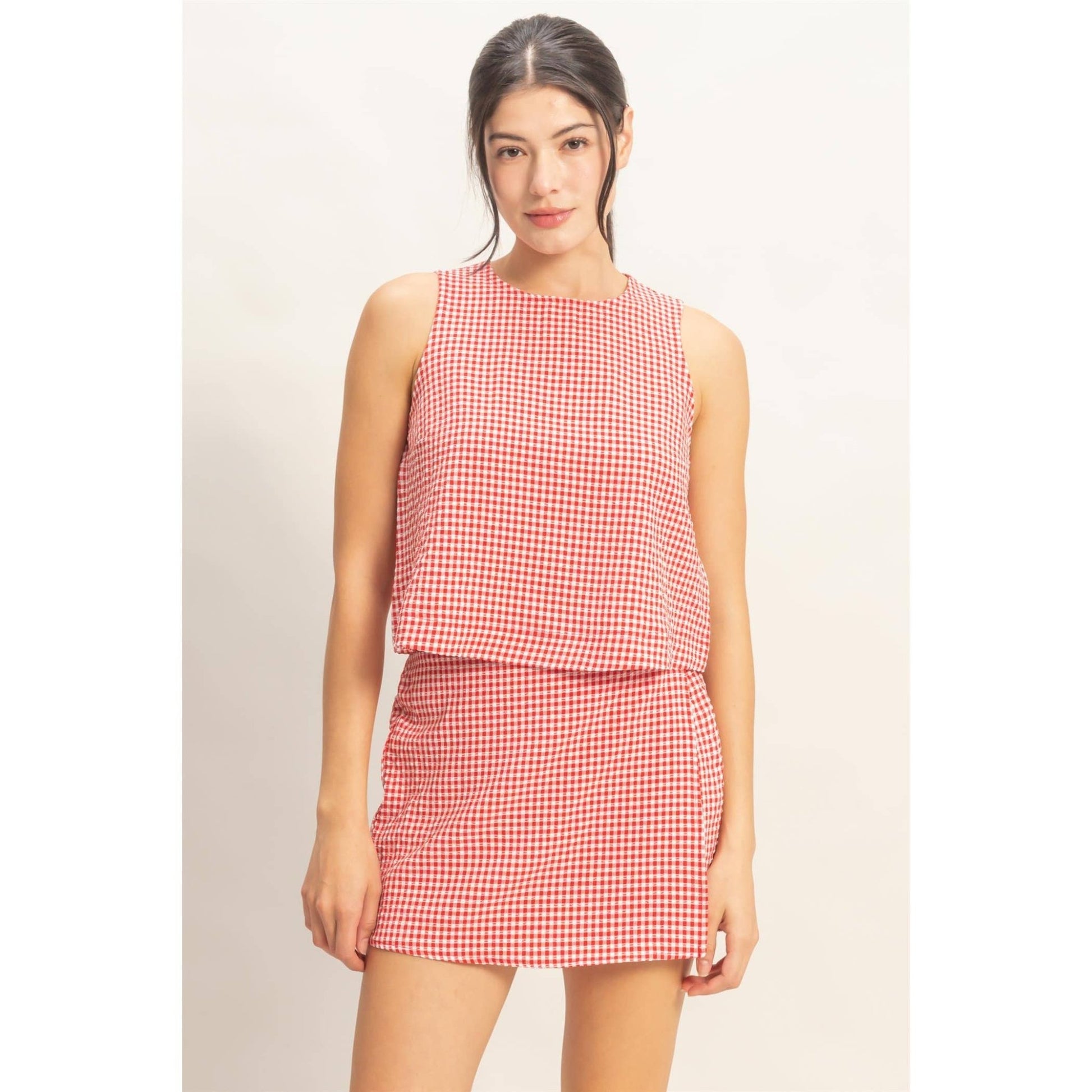 Gingham Checkered Sleeveless Top And Skort Set - Texas Front Porch