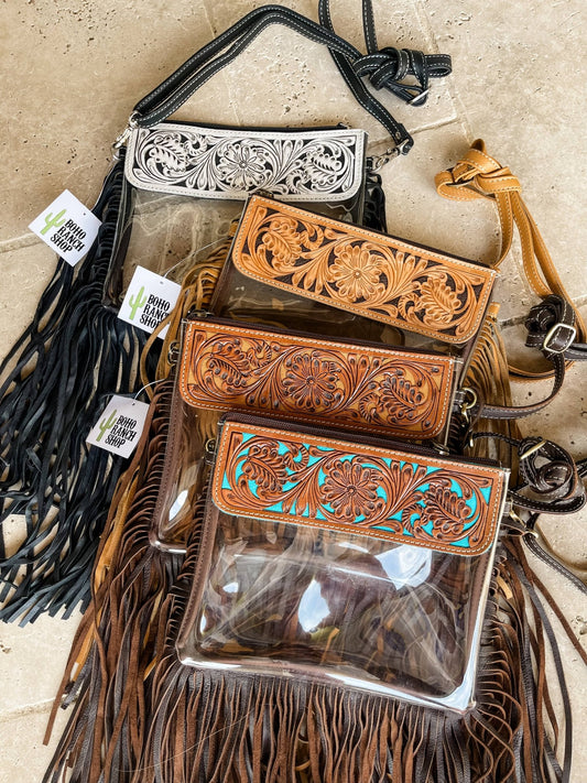 Hand Tooled Clear Purse Crossbody - Concert Game Day Stadium - Texas Front Porch