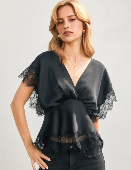 Lace detailed Short Sleeve V Neck Top - Texas Front Porch
