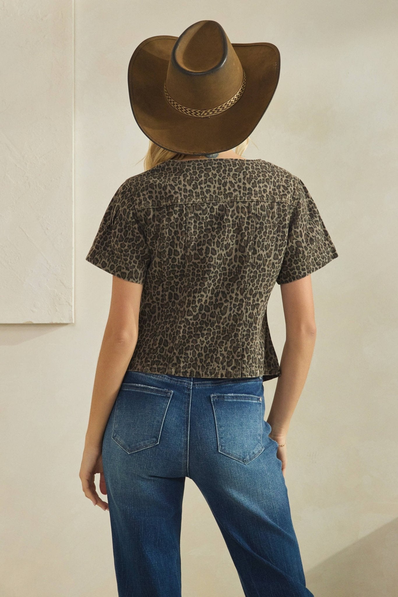 Leopard short sleeve denim top - Texas Front Porch