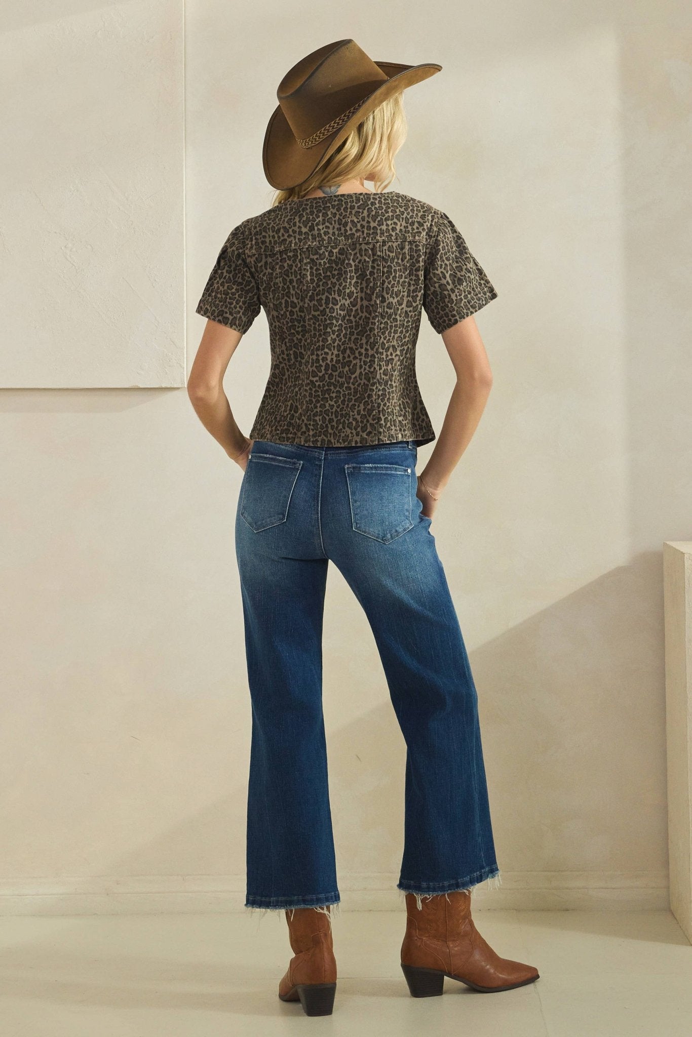 Leopard short sleeve denim top - Texas Front Porch