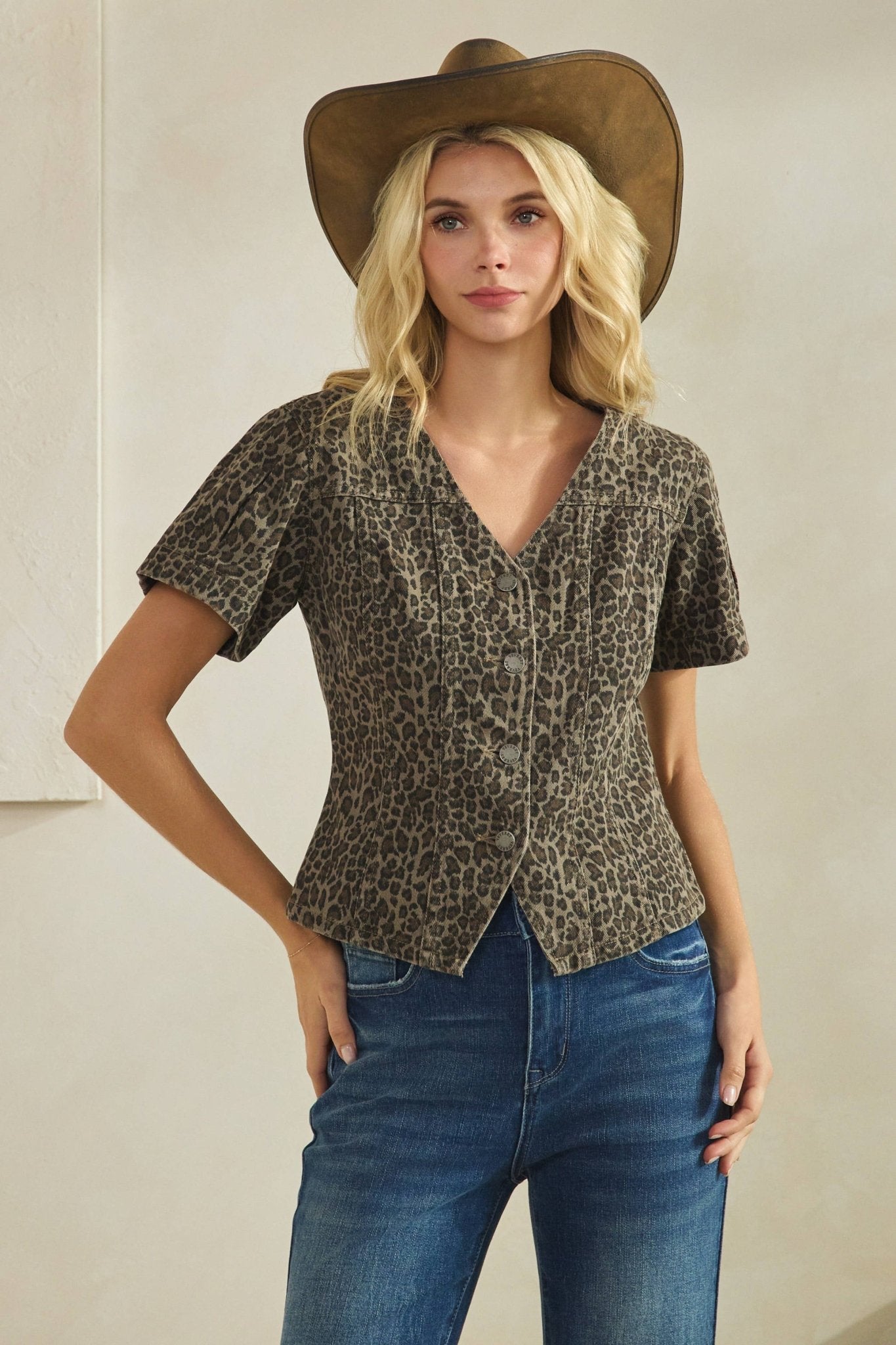 Leopard short sleeve denim top - Texas Front Porch