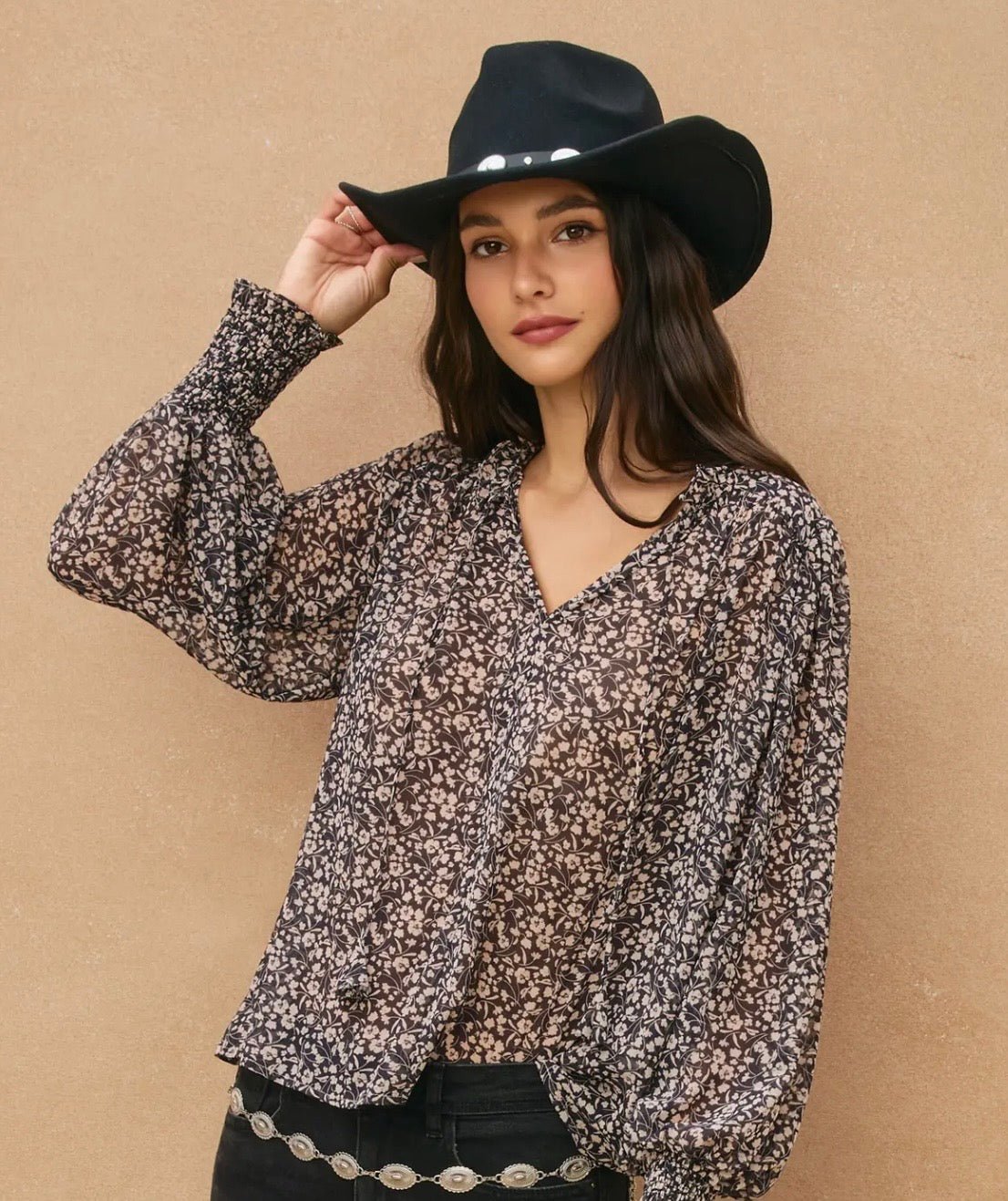 Nocturnal Garden Long Sleeve Tie Neck - Texas Front Porch