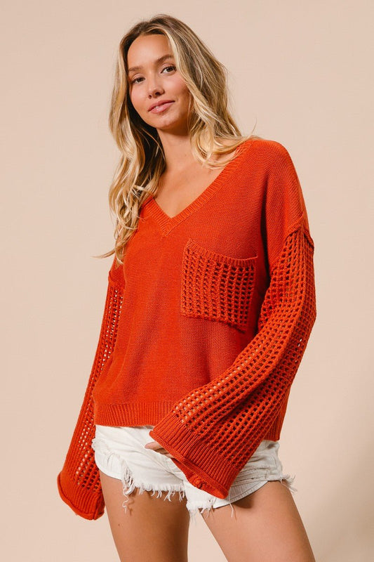 Open Knit - Sleeve V - Neck Sweater - Texas Front Porch